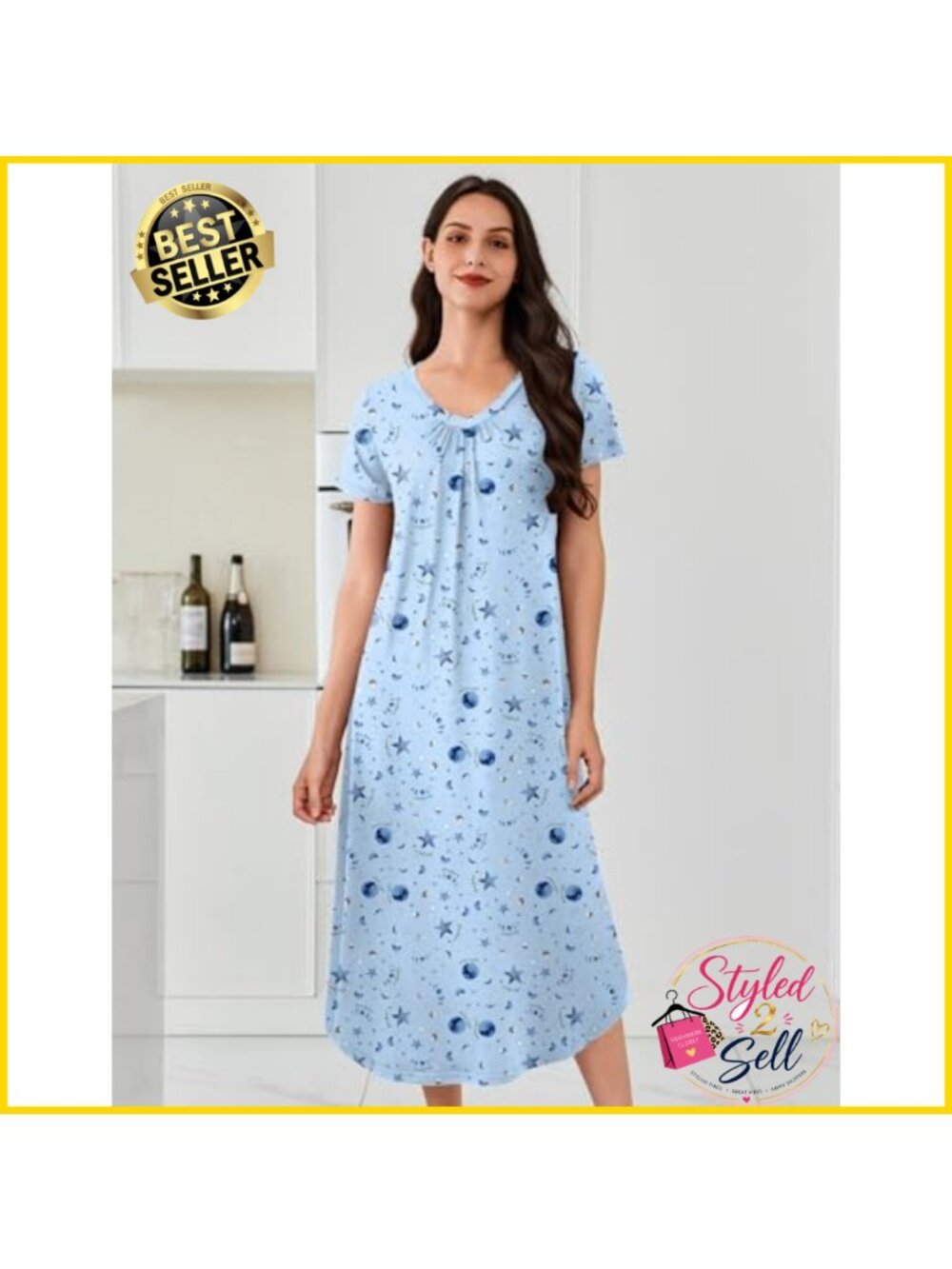 Women's Long Nightgown 3 Pack Short Sleeve V-Neck House Dress Sleepshirt
